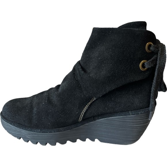 FLY LONDON Yama Wrap Heel Tie Black Suede Wedge Boots Booties 38 US 7.5 - 8 - Picture 6 of 11